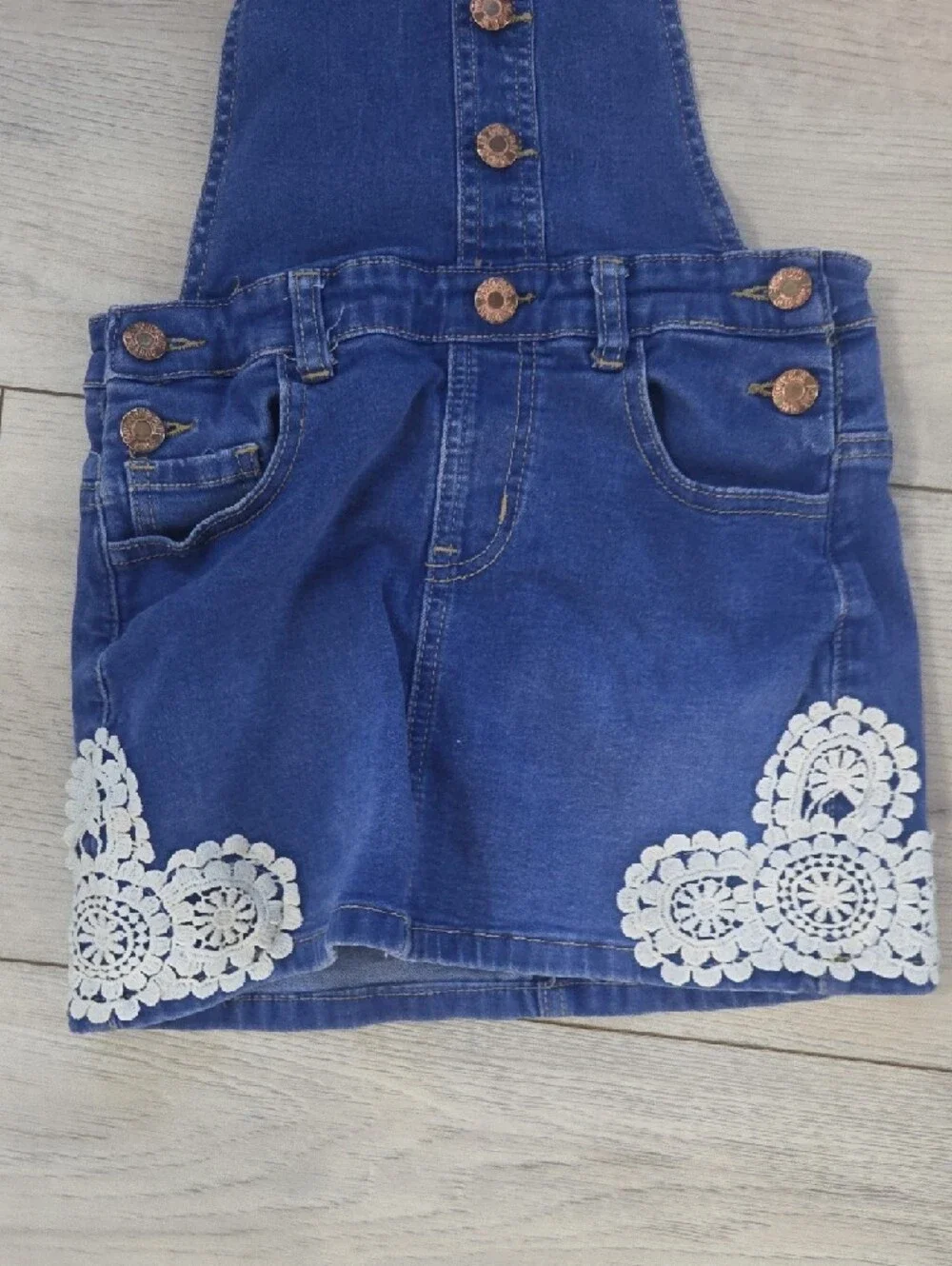 Soho Blue Denim Pinafore Skirt with White Lace Trim